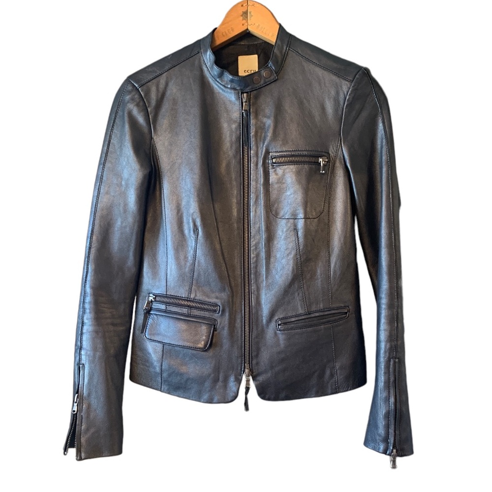 ECRU Leather Moto/Racer Jacket in Midnight Blue Color XS